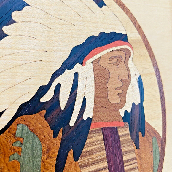 Wood Art Hudson River Inlay Wooden Marquetry Framed Indian Chief Signed Nelson - Picture 7 of 7